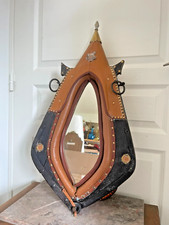 Ancien Collier Cheval Hippique Miroir Cuir Bois Vintage 74 cm