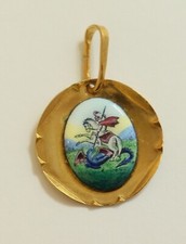 Médaille Emaillée Saint Georges peinte main cadre bronze doré 1920 Tres Rare