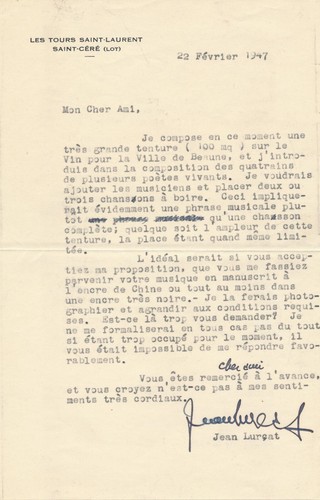 Jean lurçat lettre signée - jean,