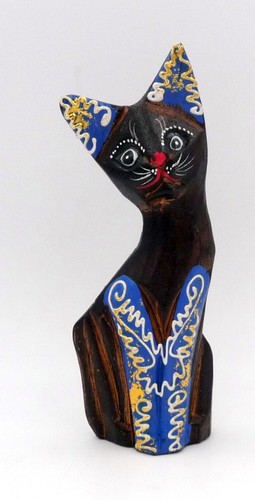 Chat bleu bois sculpté - chat,