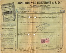 1939 Bordeaux. Large invoice for Directory ""Le Telephone du S.O"" 1940 edition.