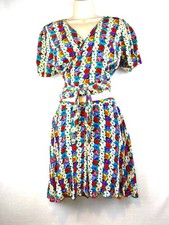 Betsy Johnson Vintage Rayon 2 Piece Culotte Skirt & Wrap Top Set Bright Floral