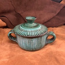 Sucrier Céramique Robert Picault Emaillé vert Fines rayures Vallauris milieu XXe