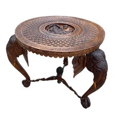 Table d'appoint sculptée en bois massif, décor éléphants et scène sacrée d'Asie
