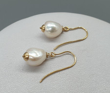 9ct Yellow Gold Cultured Baroque Pearl Earrings 9K White Lustre Drop Dangle Hook