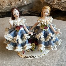 Dresden Antique Porcelain Figurine Germany Victorian Lace Twin Girls In Blue