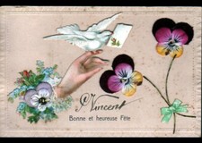 PENSEE de VINCENT ,MAIN tendue avec COLOMBE Messagère / CHROMO & gaufrée en 1908