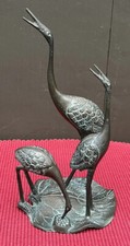 Bronze Crane Sculpture Figurine Of 3 Cranes Herons Egrets on Lily Pad Korea VTG