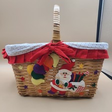 Vintage Christmas Wicker Basket With Handle & Liner Santa Bag Ballons Stars
