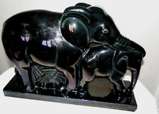 Statue Art déco LEMANCEAU éléphant  éléphanteau faience noire émaillée 1930