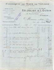 Invoice 1925 FABRIQUE DE SACS DE VOYAGE ED JOLIOT ET L GUDIN A PARIS - M. M
