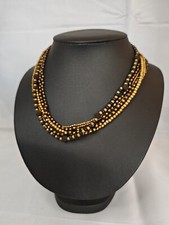 Collier multi rang perles laiton doré & bronze, perles bois