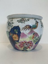 Vintage Chinese  Tobacco Leaf Pattern Cachepot Jardiniere Planter Fish Bowl