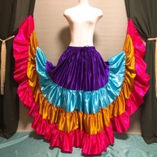Mix Satin 4 Tiered Gypsy Skirt Belly Dance Jupe 25 Yd Flamenco Frill Ruffle BSGD