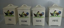 ANCIEN LOT DE 4 POT A CONDIMENT LITHOGRAPHIE TABLEAU COQ CERAMIQUE FAIENCE POULE