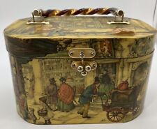 Vintage Anton Pieck Print Decoupage Box Wooden Oval Purse Bakelite Handle 1970s