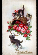CAT & DOG with Basket of Roses / Happy New Year Illustrated 1943