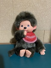 Authentic Monchichi Sekiguchi Doll Monkey Plush Thumb Sucker Red Bib