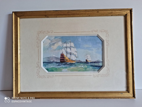 Aquarelle marine ancienne - marine,