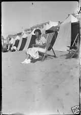 Portrait of Woman on the Beach Tents & Bedspots - Antique Photo Negative  