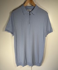 Belier Polo Shirt Mens Large Blue Knit 1/4 Zip 100% Merino Wool Short Sleeve
