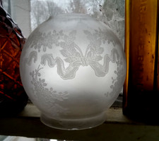 1800s EARLY HAND BLOWN FROSTED GLASS BALL GLOBE FOR OIL LAMP RIBBONS & FLOWERS