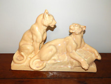 OLD SCULPTURE Art Deco Ceramic Crackled Lioness ODYV Odette Berlot Mussier