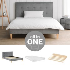 Cadre de lit rembourré 140x200 cm matelas double sommier tissu gris Homestyle4u