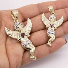 Coupe Diamant Priant Ange avec Coeur Rubis Pendentif Vrai 10K Jaune or Blanc