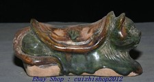 5" Old Chinese Dynasty Tang Sancai Porcelain Cat Animal Pillow Weeping willow