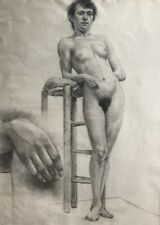 Large Antique Drawing - Academic Nude - Female - Androgynous - Signed - Late 19th Century