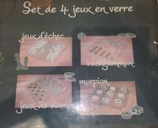 Set De 4 Jeux De Sociétés En Verre :Jeu D'Échecs-Backgammon-Jeu De Dames-Morpion