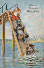 Water Slide Sliding Swimming Ocean Anthropomorphic Cats Postcard 13767a