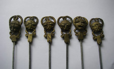 Série de 6 anciens pics à brochettes poignées MASQUE afrique bronze CIRE PERDUE