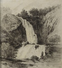 Hubert CLERGET ( 1818-1899 ) Cascade dessin MONTAGNE Dijon Anatole DEVOSGE