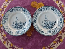 2 Assiettes Plates Faience de Longwy Modèle Azalées Décor Floral Bleu 22,5cm
