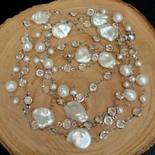 42" Cultured White Keshi Pearl White Gold Plated Cz Pave Chain Long Necklace