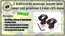 2 colliers de montage lunette haut picatinny 11mm diamètre 25,4mm
