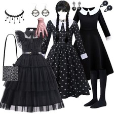 Wednesday Adams Costume Girls Fancy Dress Cosplay Party Outfit, Gothic Halloween