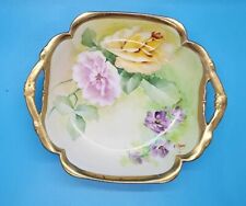 Vintage R Ginori Signed Hand Painted Roses Violets Small Handled Dish Gold Trim