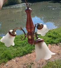 Lustre Vintage 3 branches en Laiton et Bois