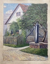 Peinture À L'huile Maison Avec Jardin Et Pompe À Eau En Été Fleurs Datée 1916