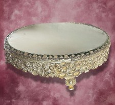 Vintage Round Silverplate Plateau beveled Vanity Jewelry Table Top Mirror Tray