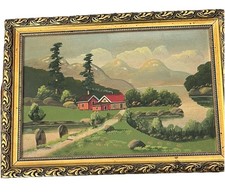 Vintage Norwegian Fjord Original Painting Red Dwelling Mountain Trees 12x17