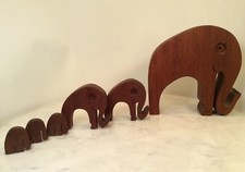 Vintage Teak Wood Elephant Family Signed Modern