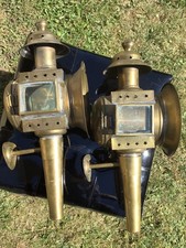 Paire de grandes lanternes de fiacre ou de calèche anciennes en cuivre 3 vitres