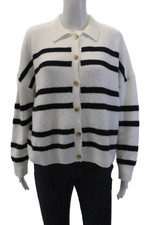 Central Park West Womens Textured Button Up Stripe Cardigan Sweater White Size M