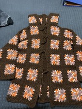 VTG Handmade Granny Square Crochet Jacket Robe Hippie Brown Fall Read (1338-aa)