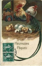 heureuse paques  coq poule poussins carte gaufré en relief chiken 