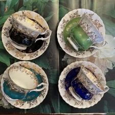 Royal Albert Regal Series Green Blue Black Gilt Set Of 4 Tea Cups & Saucers